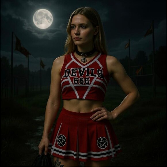 Satans Cheerleader Costume Set Red Devils 666 Top w/ Pleated Skirt & Pom Poms - Picture 8 of 10